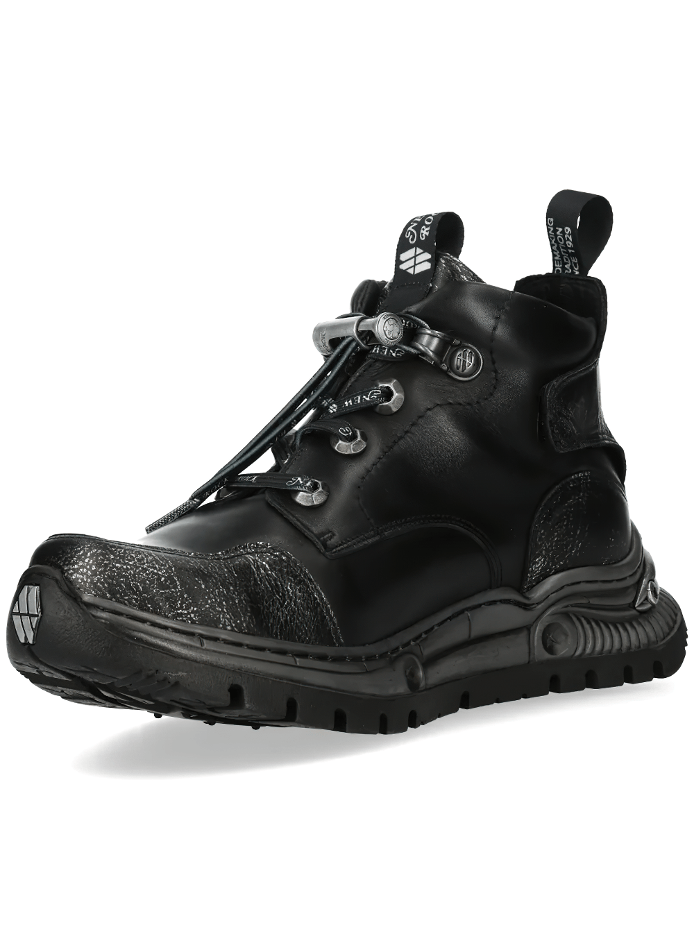 NEW ROCK Men's Rock Boots with Distressed Toes and Lug Soles featuring a sleek black design and sculpted treaded sole.