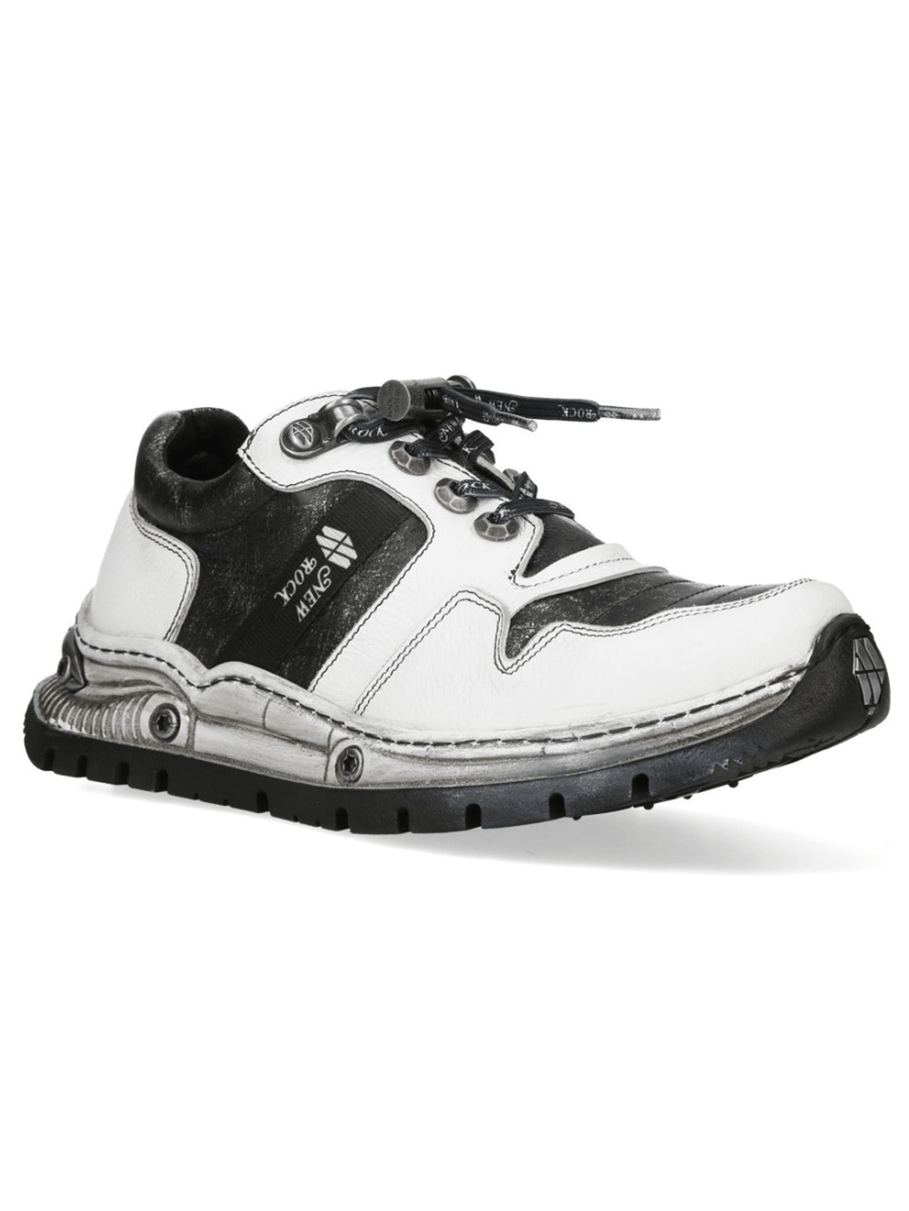 NEW ROCK Men's Rock Sneakers with Rugged Hybrid Sole Design in black and white with metallic accents.