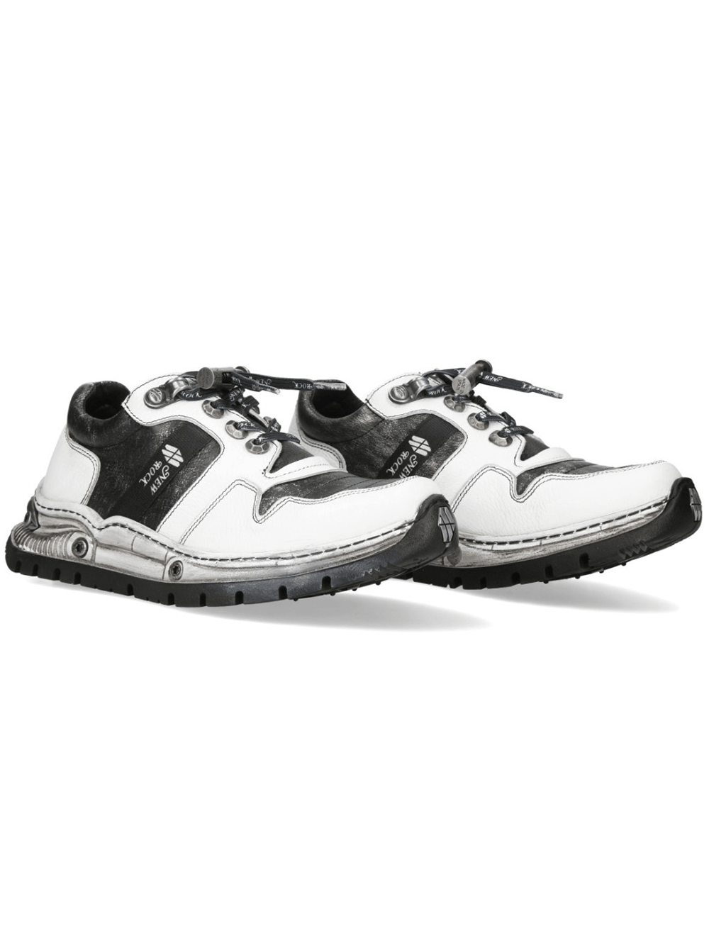 NEW ROCK Men's Rock Sneakers with Rugged Hybrid Sole Design in white-black with lace-up features and metallic accents.