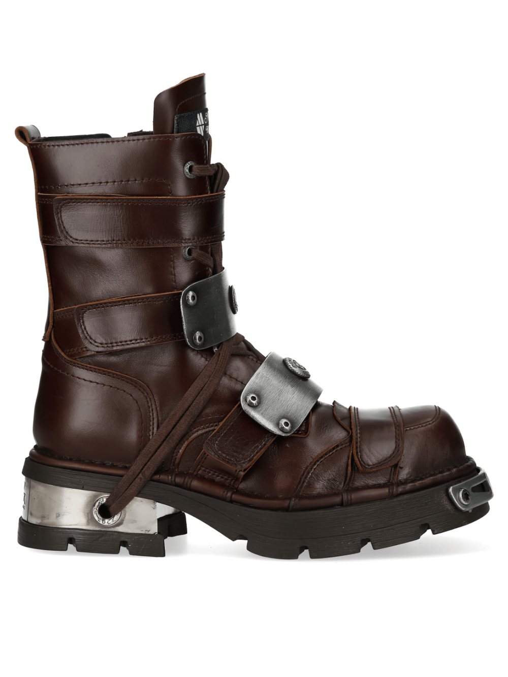 NEW ROCK Men's Rock Urban Lace-Up Boots and Silver Plates side view, featuring brown leather, Velcro straps, and metallic details.