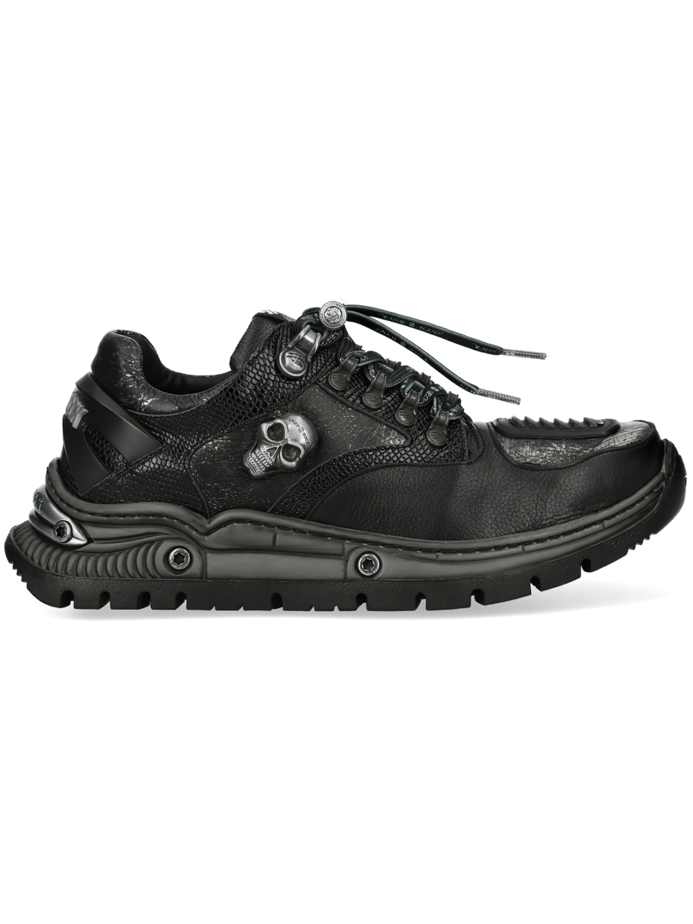 NEW ROCK Men's Shoes Black Rock with Skull Hardware - Gothic streetwear sneakers with skull accent and metal hooks.
