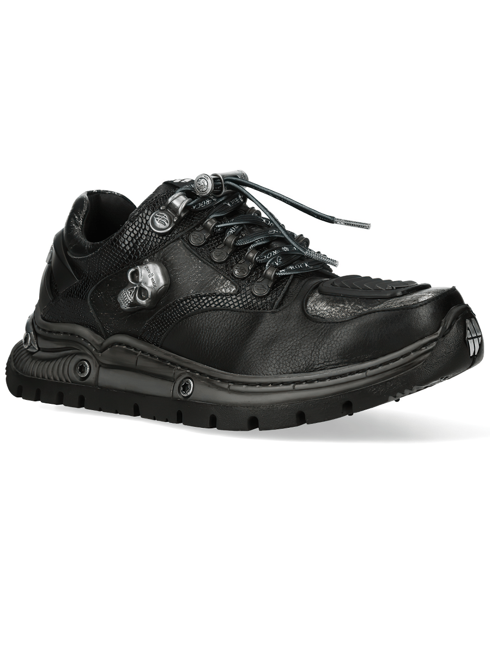NEW ROCK Men's Shoes Black Rock with Skull Hardware - Gothic sneakers with skull accent and rugged sole.