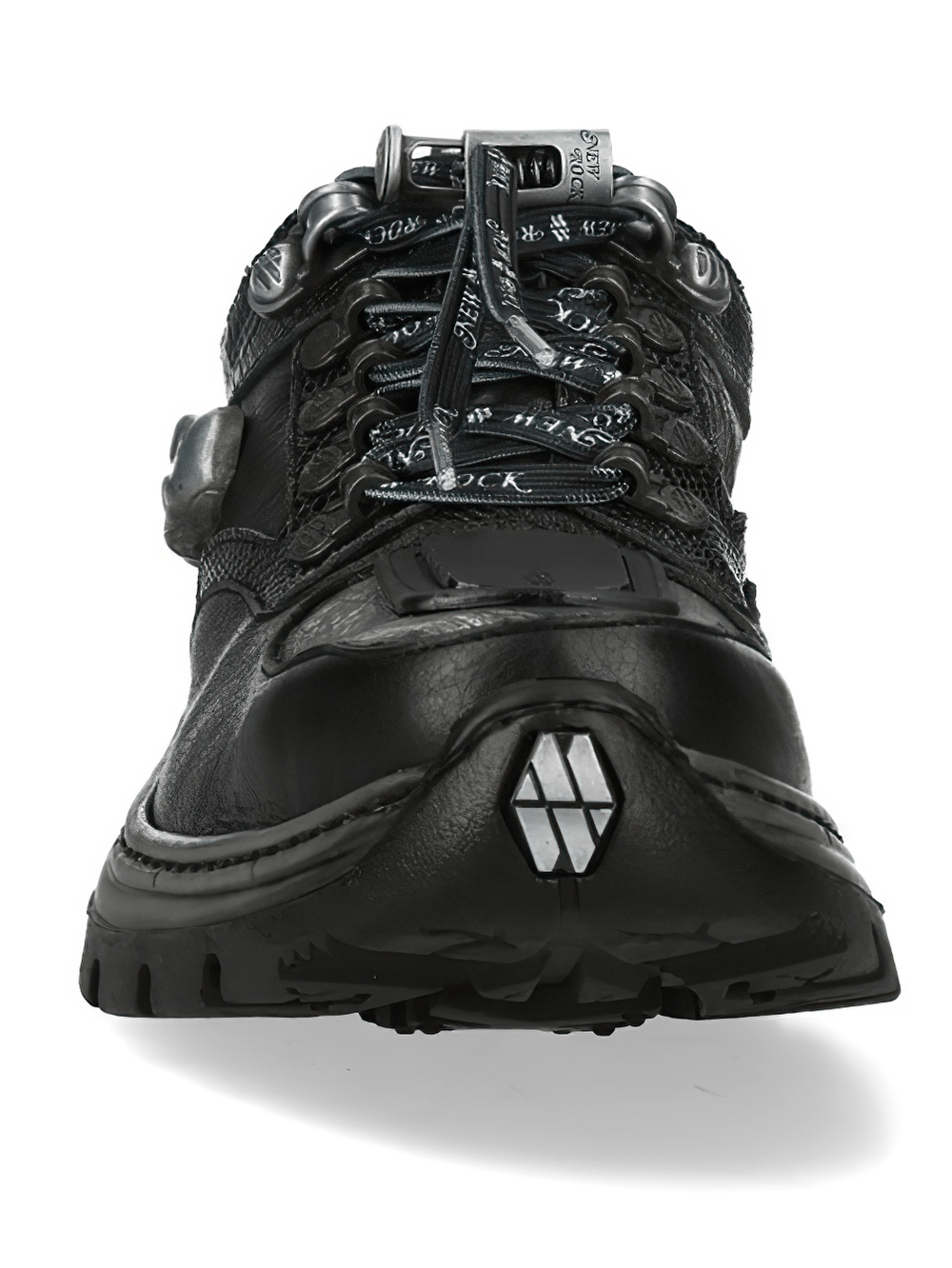 NEW ROCK Men's Shoes Black Rock with Skull Hardware - Gothic streetwear sneakers with metal hooks and heavy treads.