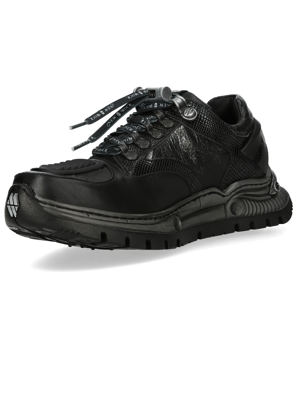 NEW ROCK Men's Shoes Black Rock with Skull Hardware featuring metal hooks and rugged tread sole.