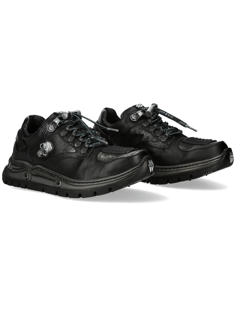 NEW ROCK Men's Shoes Black Rock with Skull Hardware - gothic black sneakers with metal hooks and heavy treads.