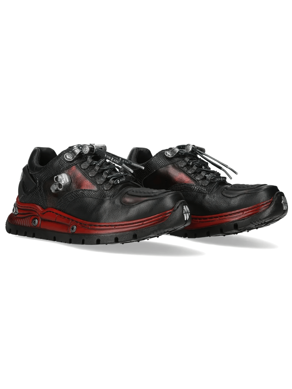 NEW ROCK Men's Shoes with Skull Detail and Red Sole Trim showcasing black leather and ruby accents, perfect for gothic style.