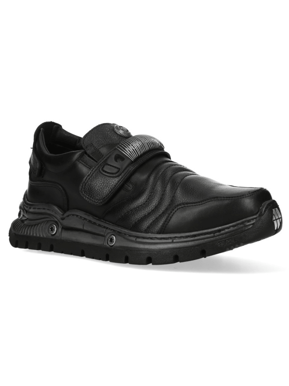 NEW ROCK Men's Velcro Rock Shoes with Sculpted Sole in black with rugged industrial design and Velcro strap.