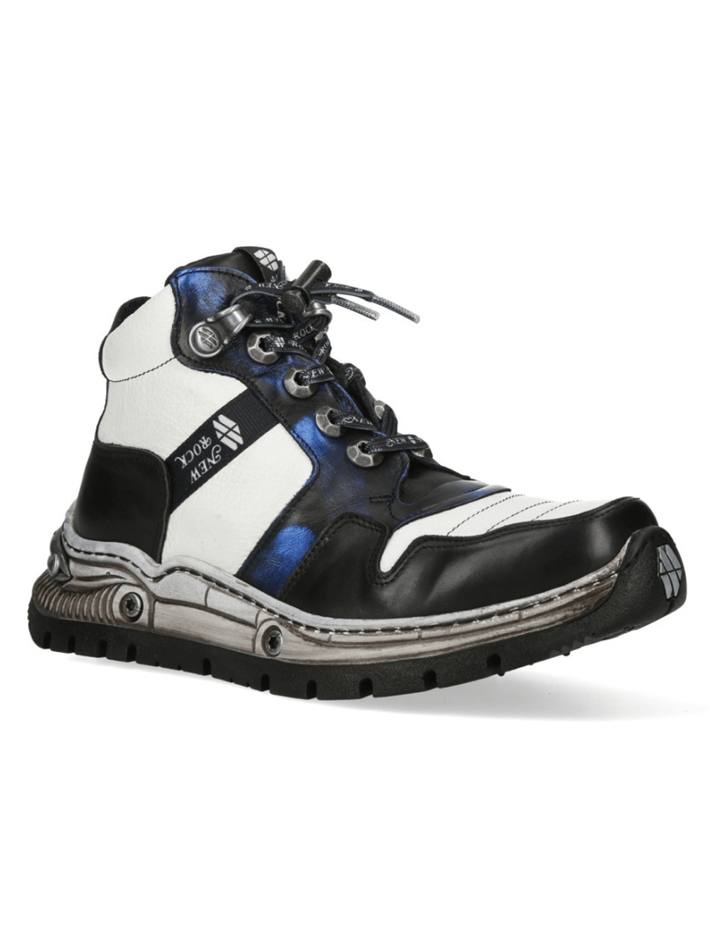 NEW ROCK Women's Ankle Boots with Metallic Blue Panel Trim featuring a unique industrial design and sturdy lacing.