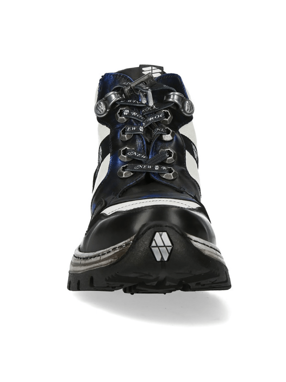 NEW ROCK Women's Ankle Boots with Metallic Blue Panel Trim front view showcasing industrial style and sturdy lacing.