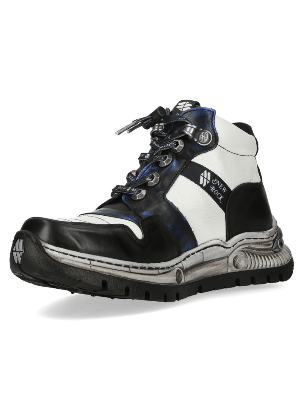 NEW ROCK Women's Ankle Boots with Metallic Blue Panel Trim showcasing a futuristic high-top design with industrial detailing.