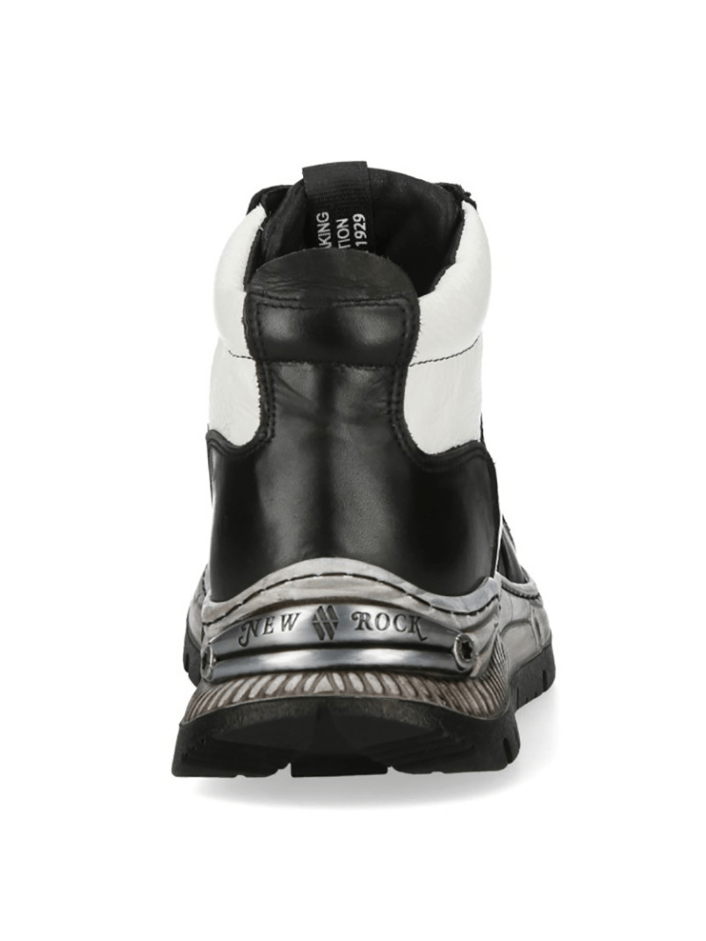 NEW ROCK Women's Ankle Boots with Metallic Blue Panel Trim, featuring a unique industrial sole and stylish contrast panels.