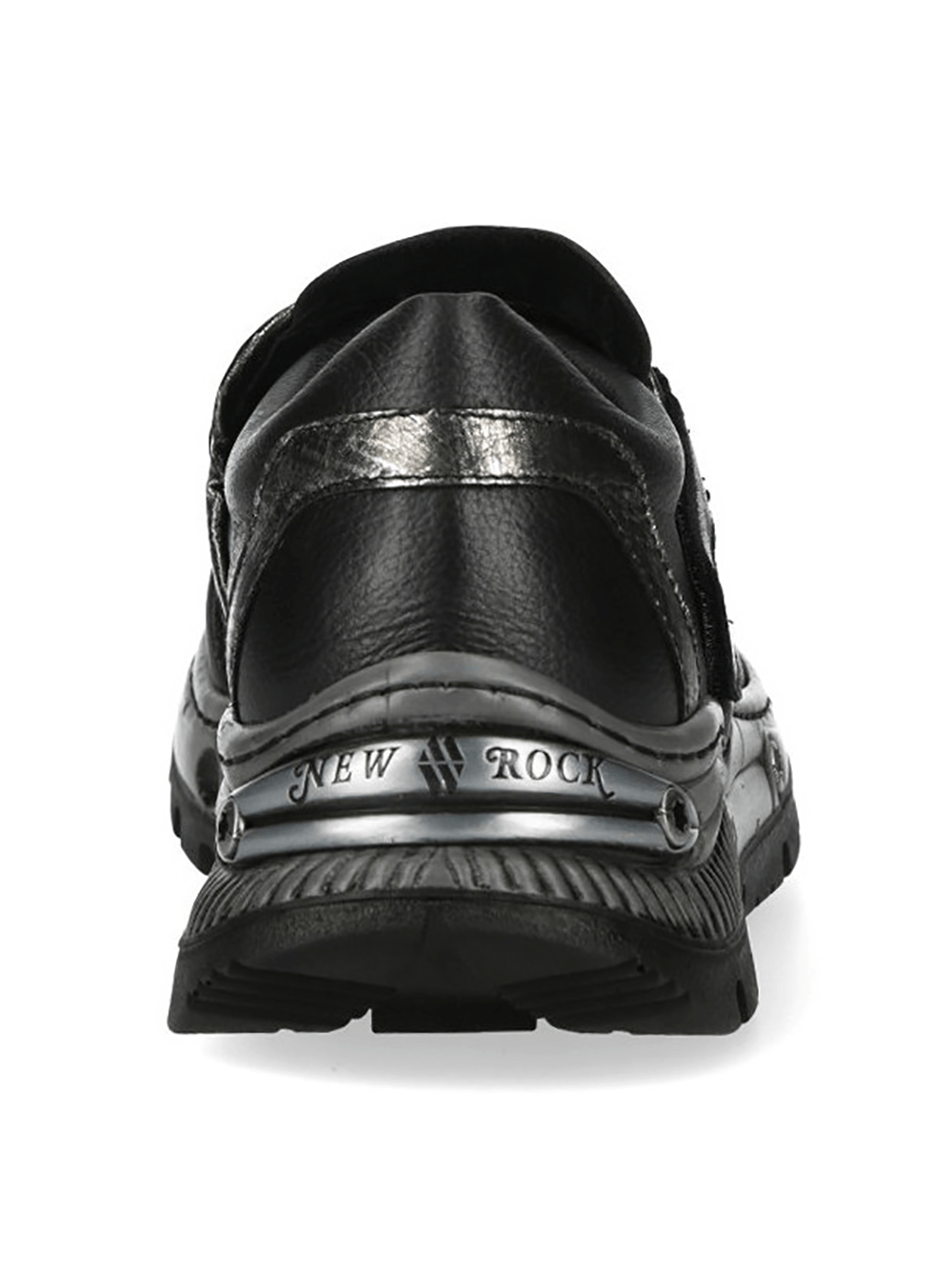 NEW ROCK Women's Black Cyberpunk Shoes with Velcro - Back view showcasing sculpted metallic accents and stylish details.