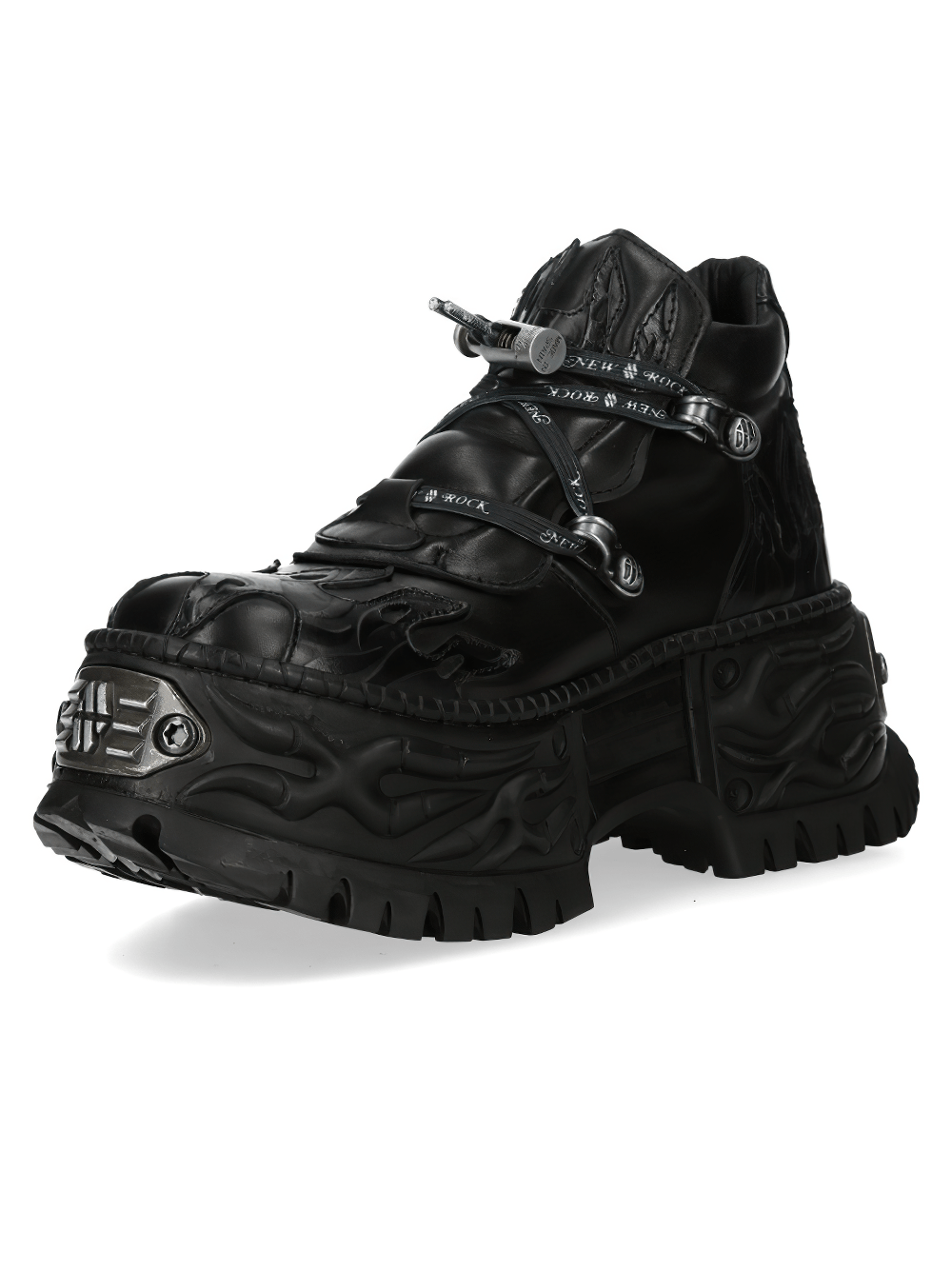 NEW ROCK Women's Black Platform Shoes with Buckle Trim featuring flame panels and heavy treads for punk outfits.