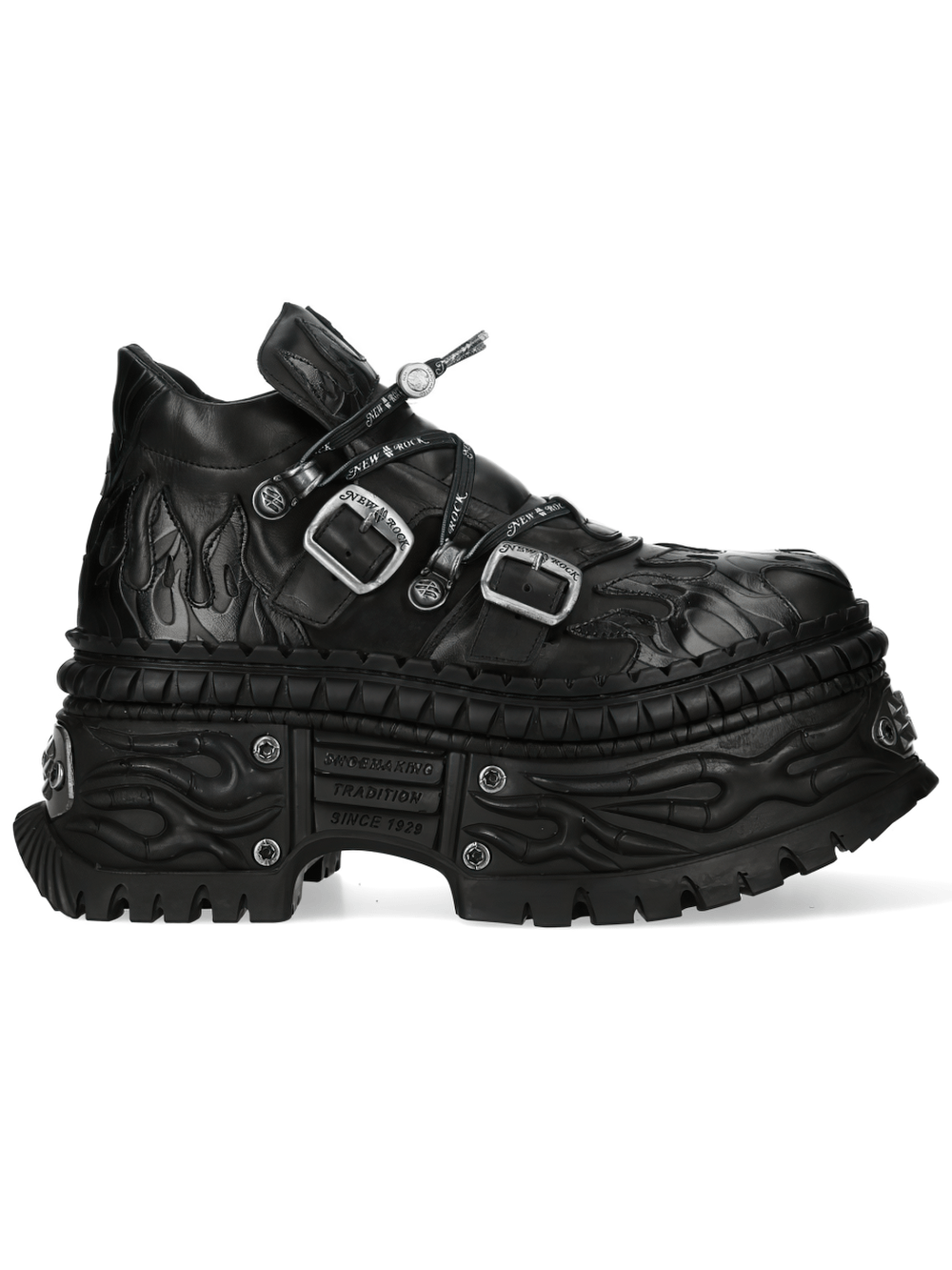 NEW ROCK Women's Black Platform Shoes with Flame Detail showcasing buckle panel and flame design.