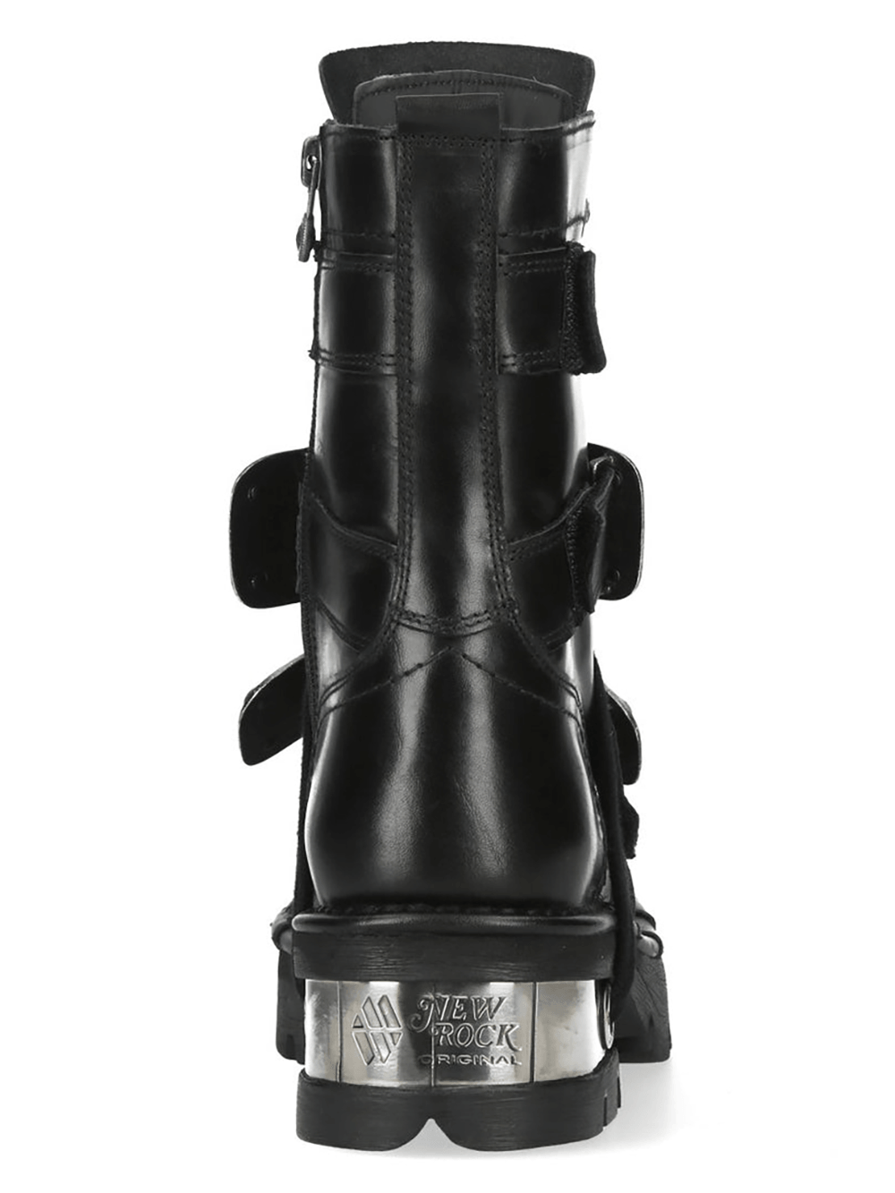 NEW ROCK Women's Black Rock Boots With Velcro Straps showcasing a bold back view with silver-tone plate accents.