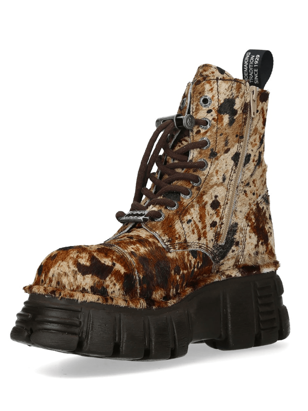 NEW ROCK Women's Cow Print Platform Boots with Side Zip featuring chunky sole and side zipper, perfect for punk style.