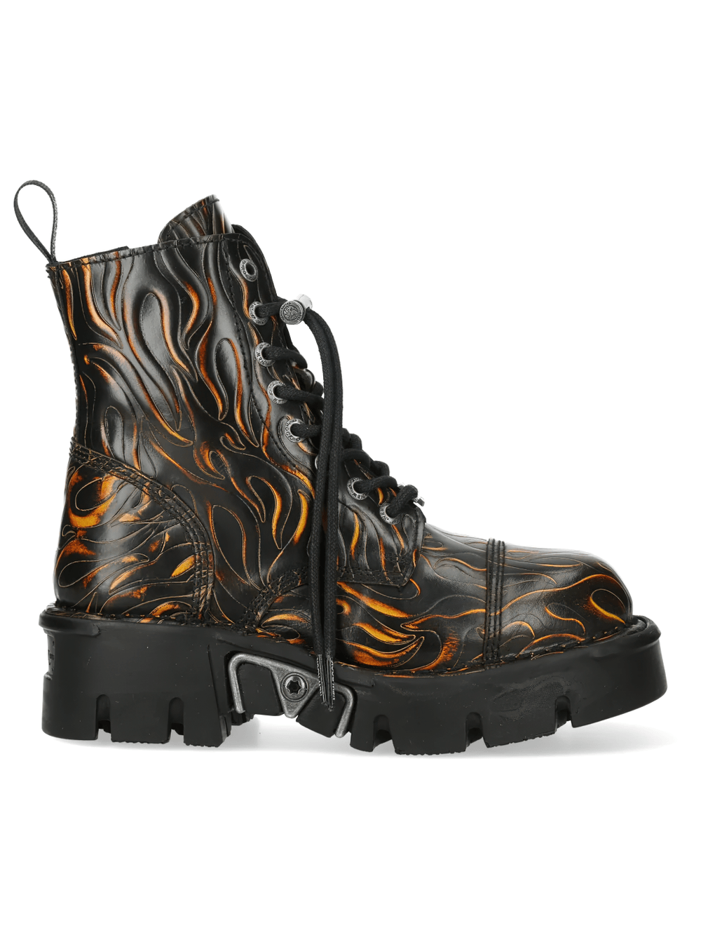 NEW ROCK Women's Flame Boots with Chunky Platform Soles featuring black leather and orange flame design.