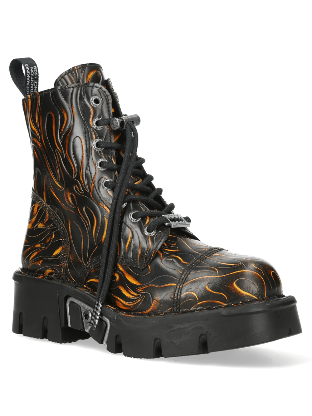 NEW ROCK Women's Flame Boots with Chunky Platform Soles featuring black leather with orange flame design.