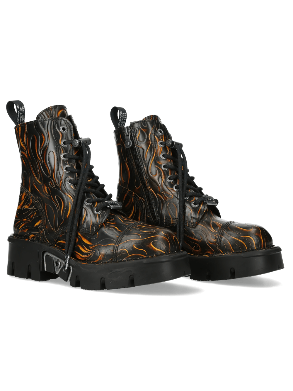 NEW ROCK Women's Flame Boots with Chunky Platform Soles featuring black leather with orange flame design.