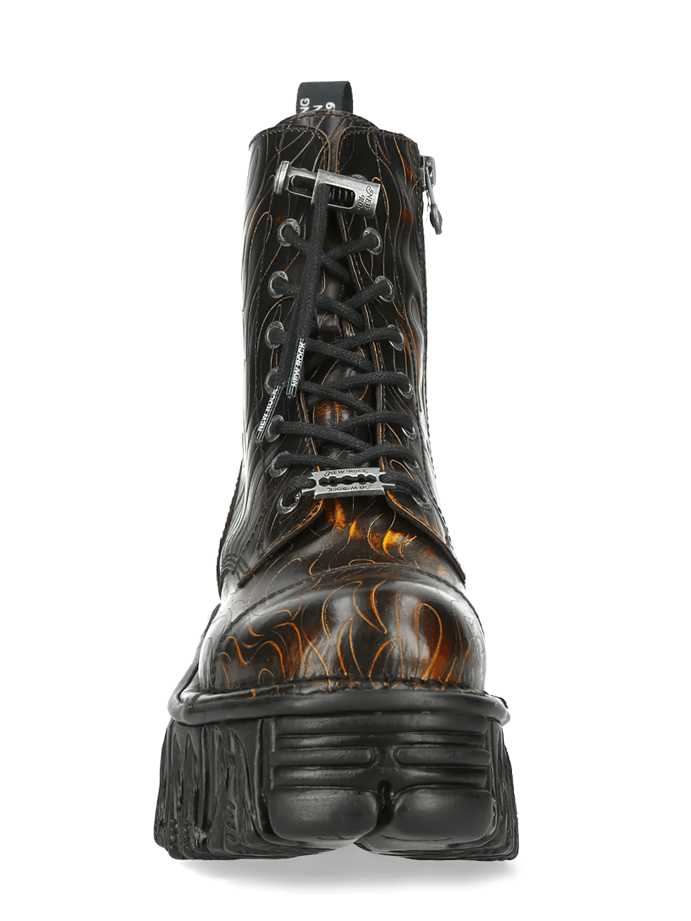 NEW ROCK Women's Flame Platform Combat Boots with Side Zip featuring a bold flame pattern design and chunky sole.