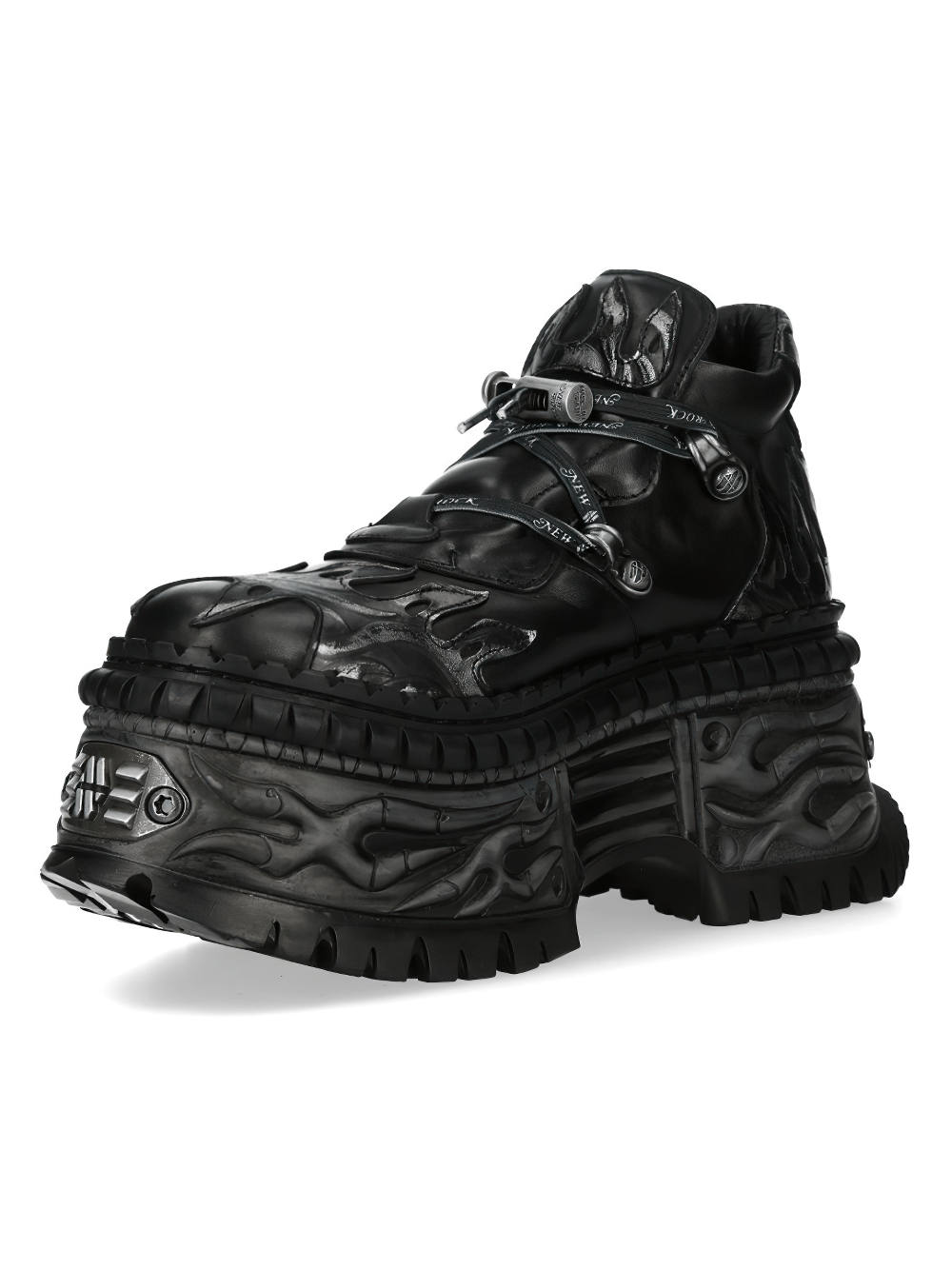 NEW ROCK Women's Goth Platform Shoes with Flame Sole featuring a bold flame design and chunky sole.