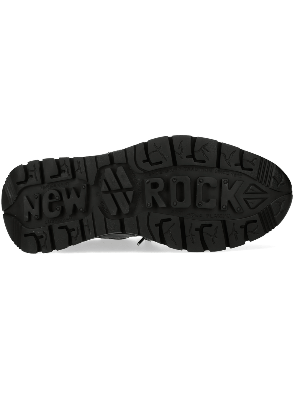 Bottom view of NEW ROCK Women's Gothic Low-Top Shoes with Skull Accent showcasing heavy tread soles and unique branding.