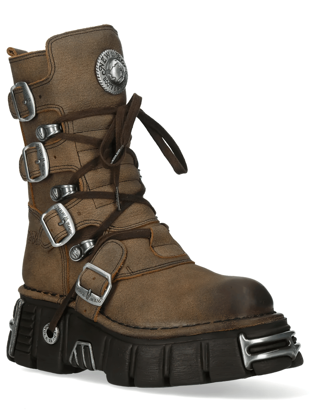 NEW ROCK Women's Gothic Platform Boots with Buckle Straps featuring distressed brown leather and silver-tone hardware.
