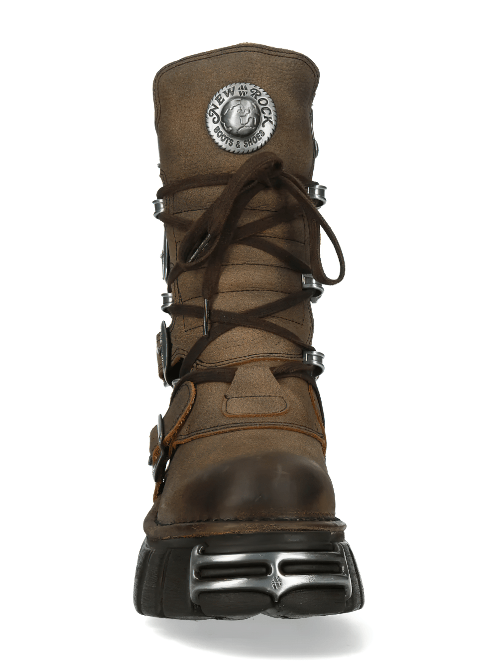NEW ROCK Women's Gothic Platform Boots with Buckle Straps showcasing a bold brown design and silver-tone hardware.