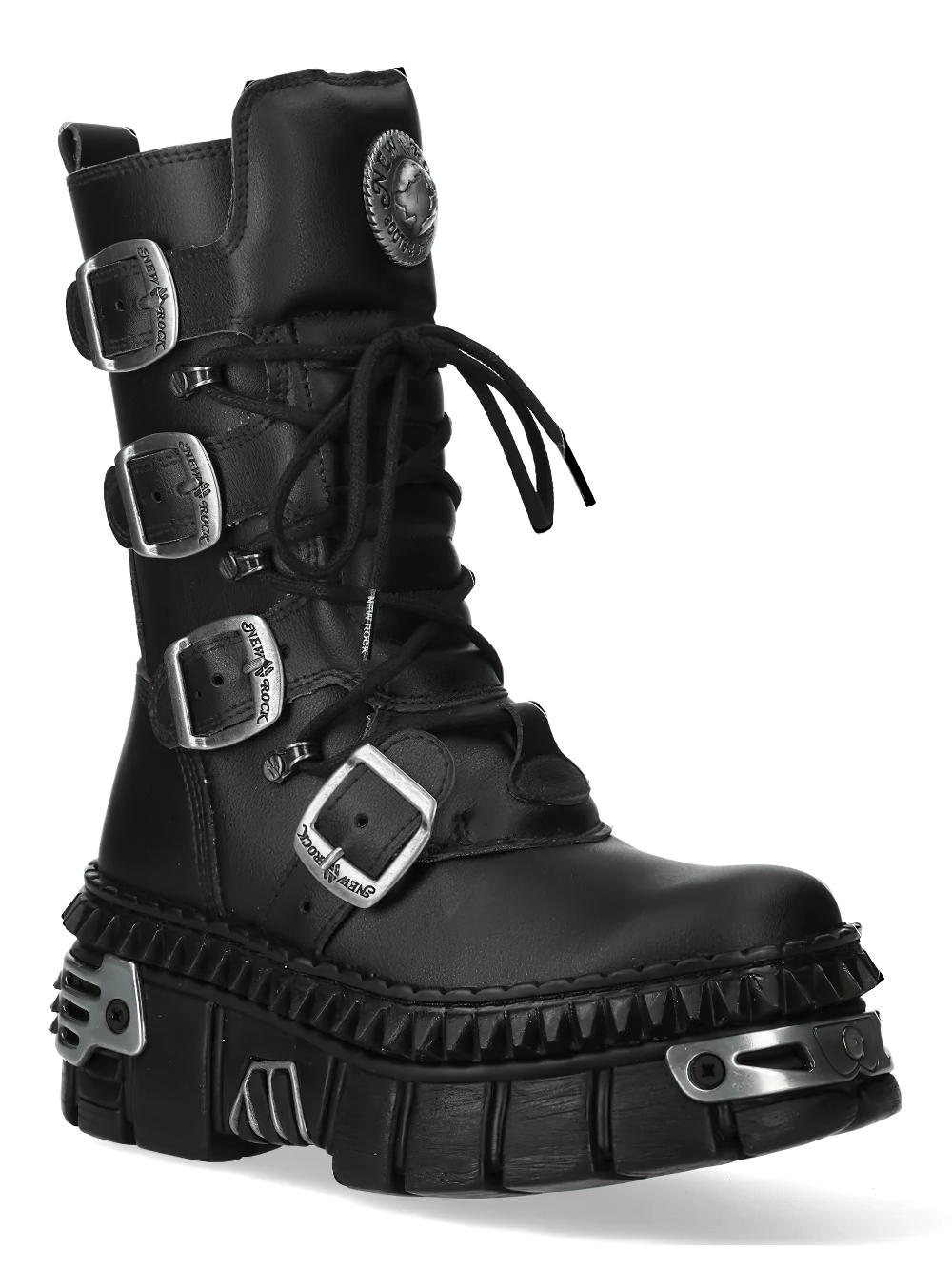 NEW ROCK Women's Gothic Platform Boots with Four Side Straps featuring a metallic lug platform and buckle straps.