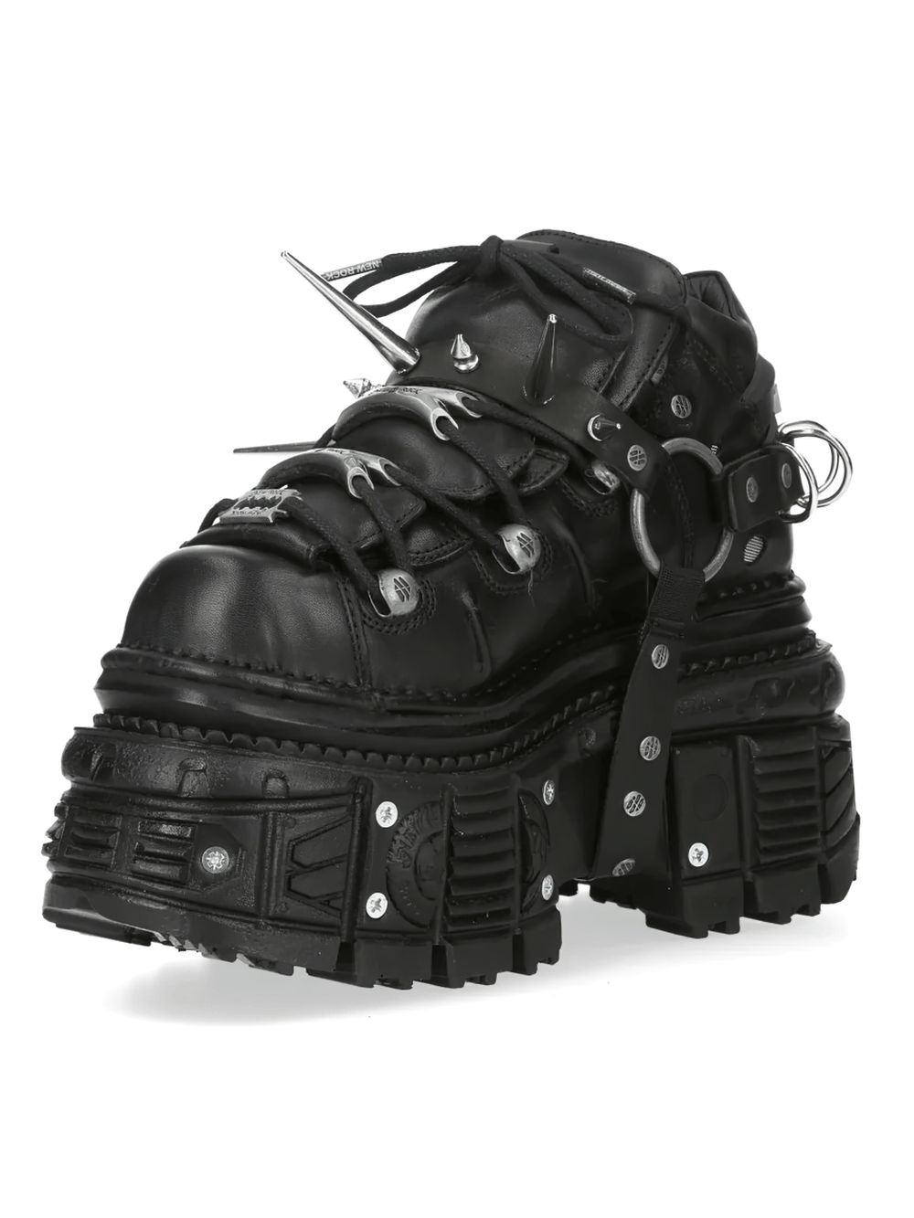 NEW ROCK Women's Gothic Platform Boots with Spikes Rings featuring a rugged design and aggressive spikes.