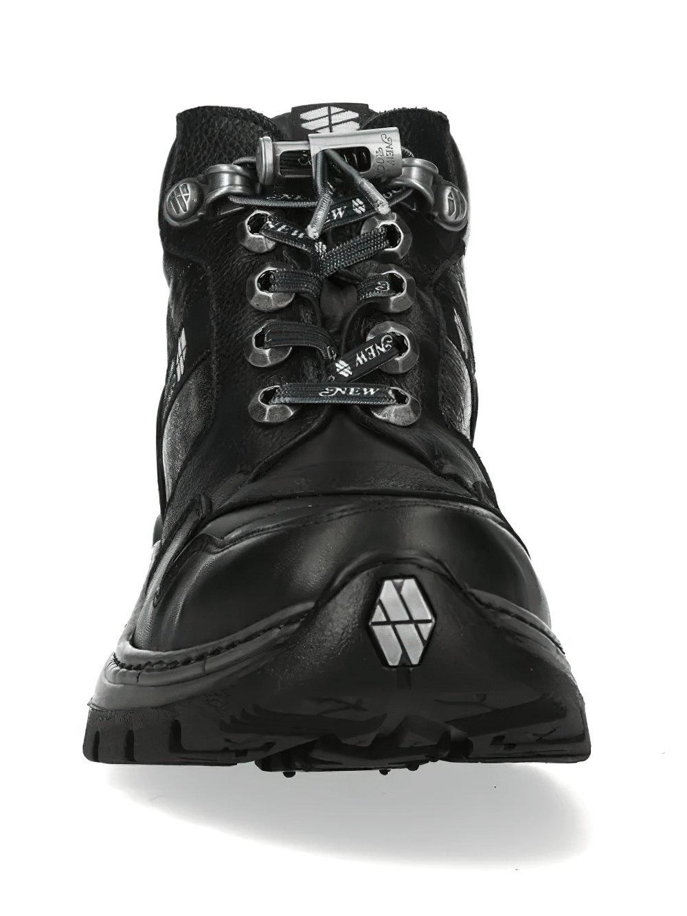 NEW ROCK Women's Gothic Rock Ankle Boots with Industrial Sole front view showcasing edgy design and intricate metallic details.