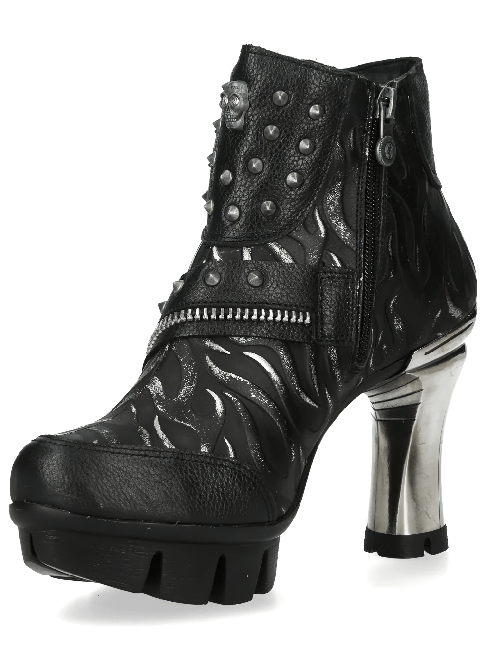 NEW ROCK Women's Gothic Skull Ankle Boots with Metal Heels featuring studded straps and metallic flame designs.