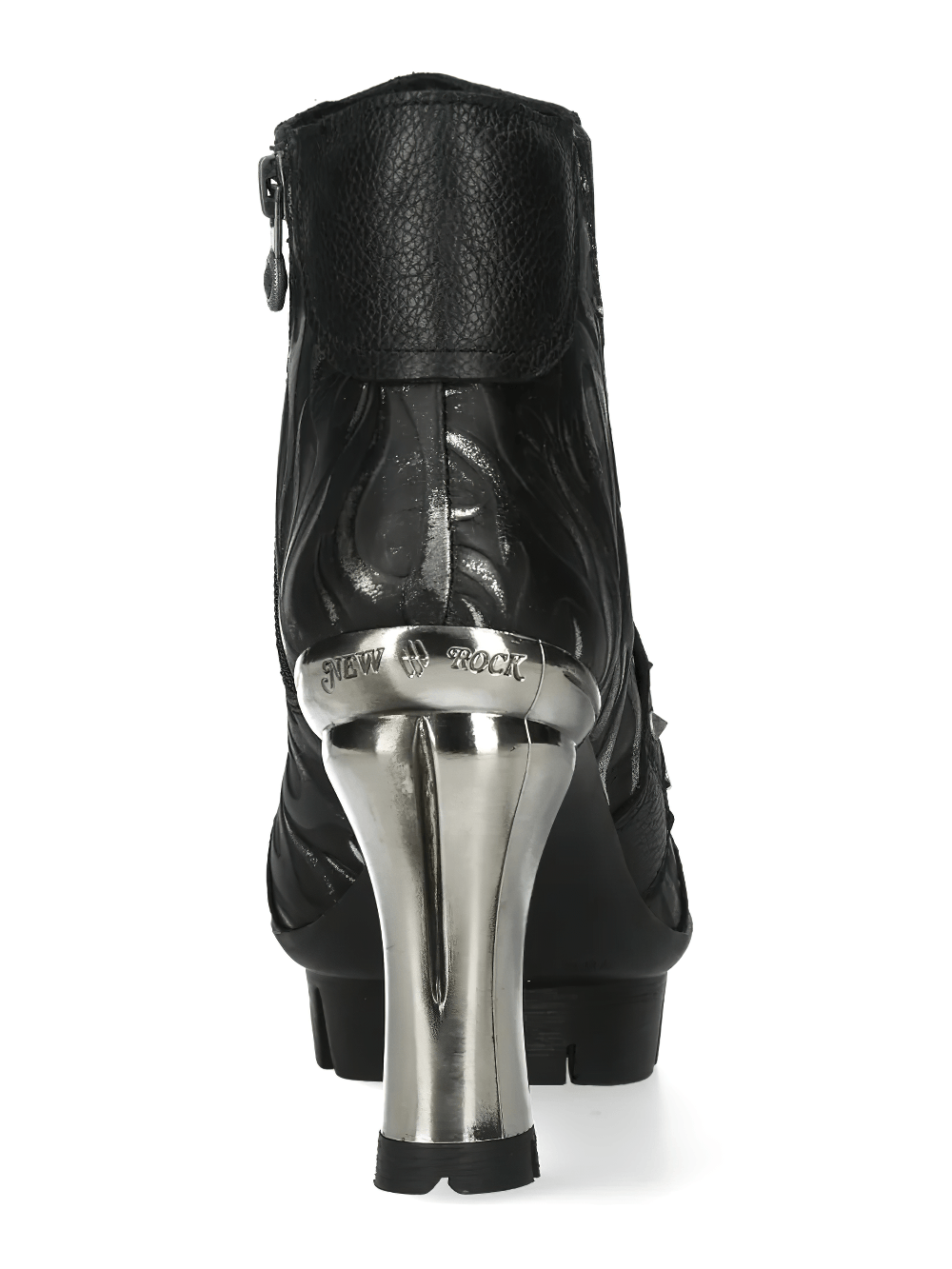 NEW ROCK Women's Gothic Skull Ankle Boots with Metal Heels featuring a metallic flame heel and studded strap details.