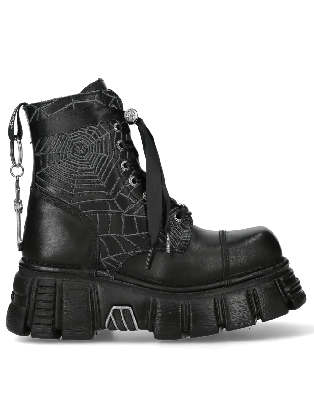 NEW ROCK Women's Gothic Spiderweb Boots with Cross Detailing featuring chunky sculpted soles and spiderweb embroidery.