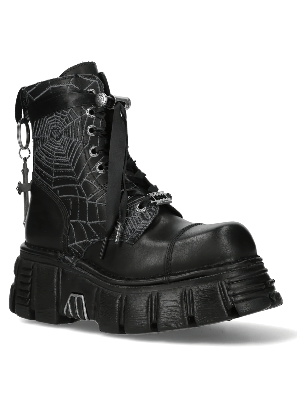 NEW ROCK Women's Gothic Spiderweb Boots with Cross Detailing showcasing black leather, spiderweb embroidery, and chunky sole.