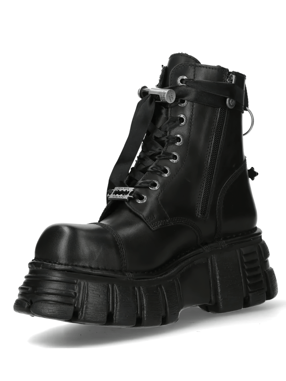 NEW ROCK Women's Gothic Spiderweb Boots with Cross Detailing in black with chunky sculpted sole and ribbon laces.