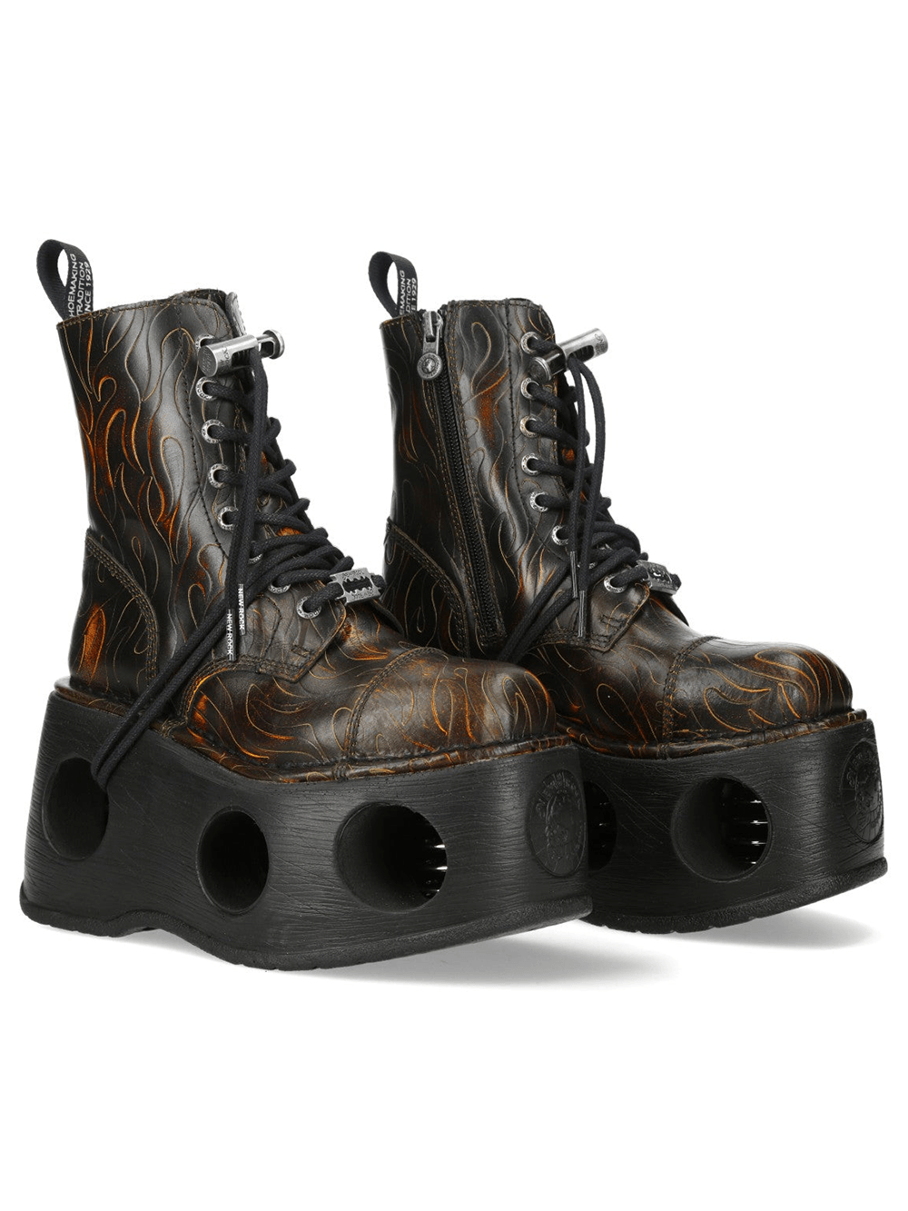 NEW ROCK Women's Inferno Platform Boots with Sculpted Tread featuring flame engraving and metal accents.