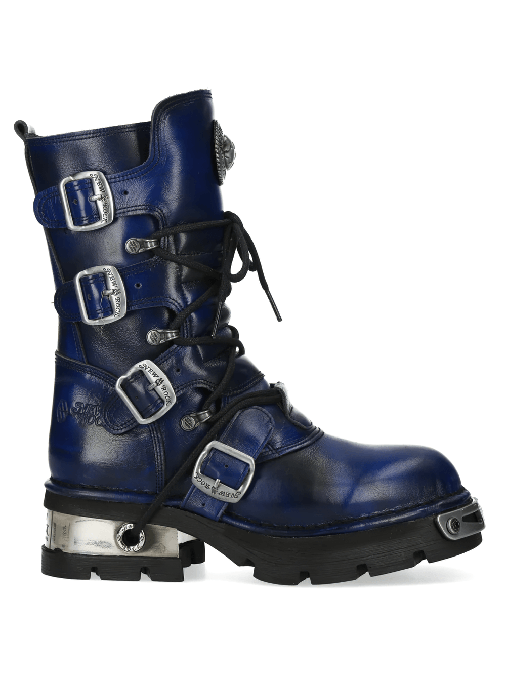 NEW ROCK Women's Navy Boots with Buckles and Chunky Soles side view with laces and silver-tone details.