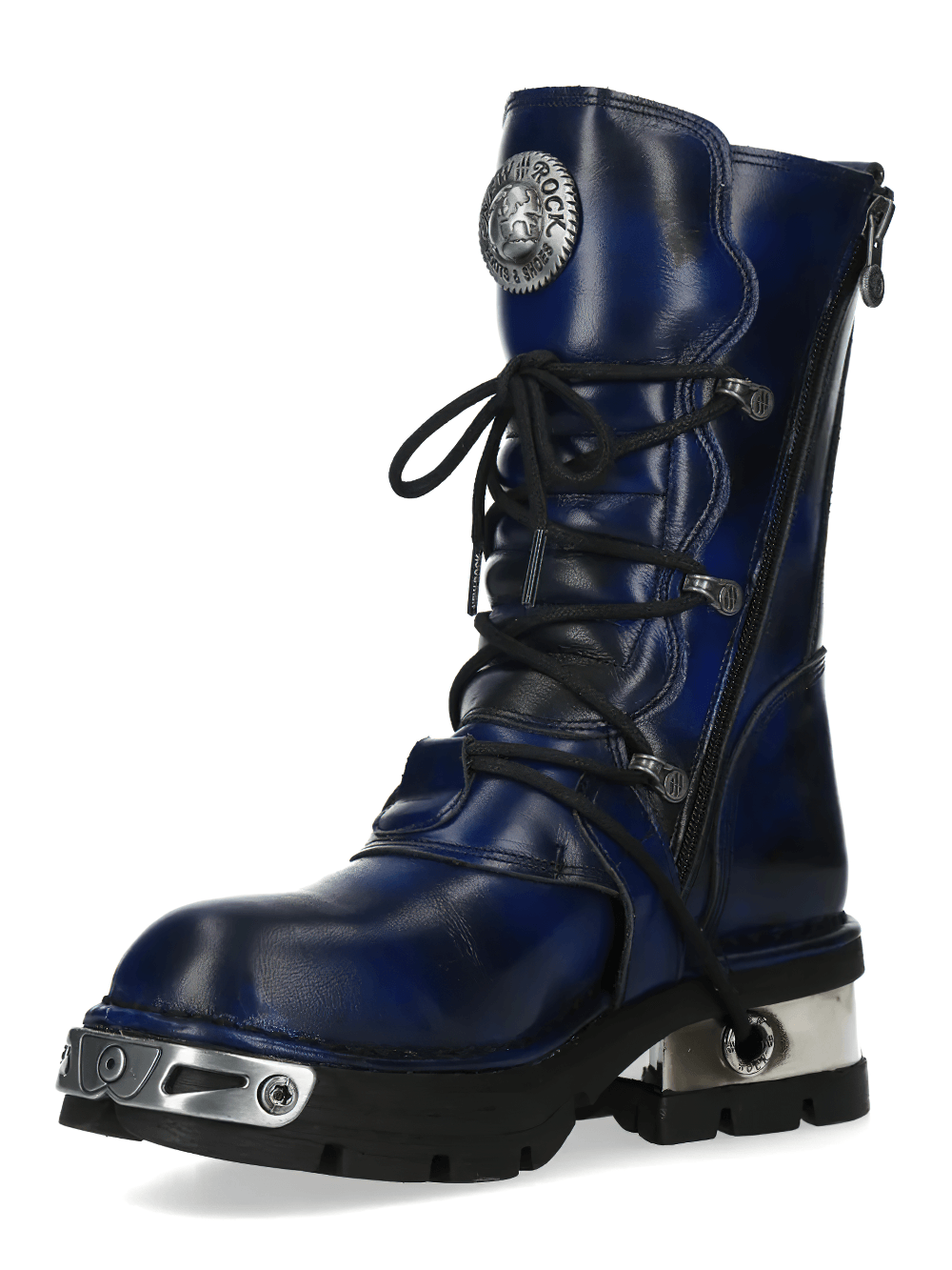 NEW ROCK Women's Navy Boots with Buckles and Chunky Soles featuring a sleek design and metallic accents.