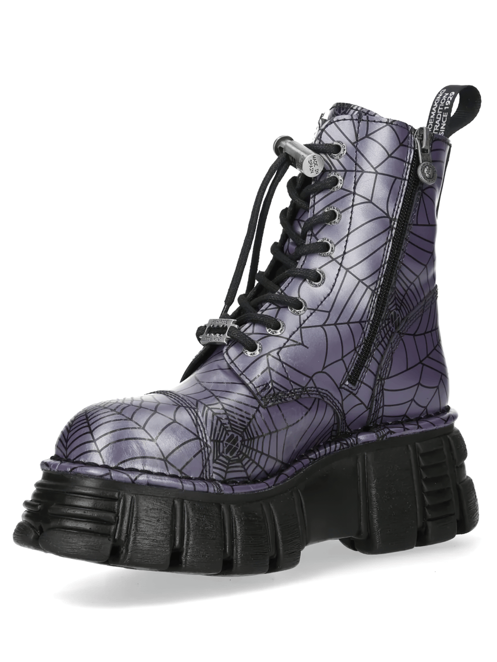 NEW ROCK Women's Purple Ankle Boots with Spiderweb Pattern showcased from the side with a chunky sole.