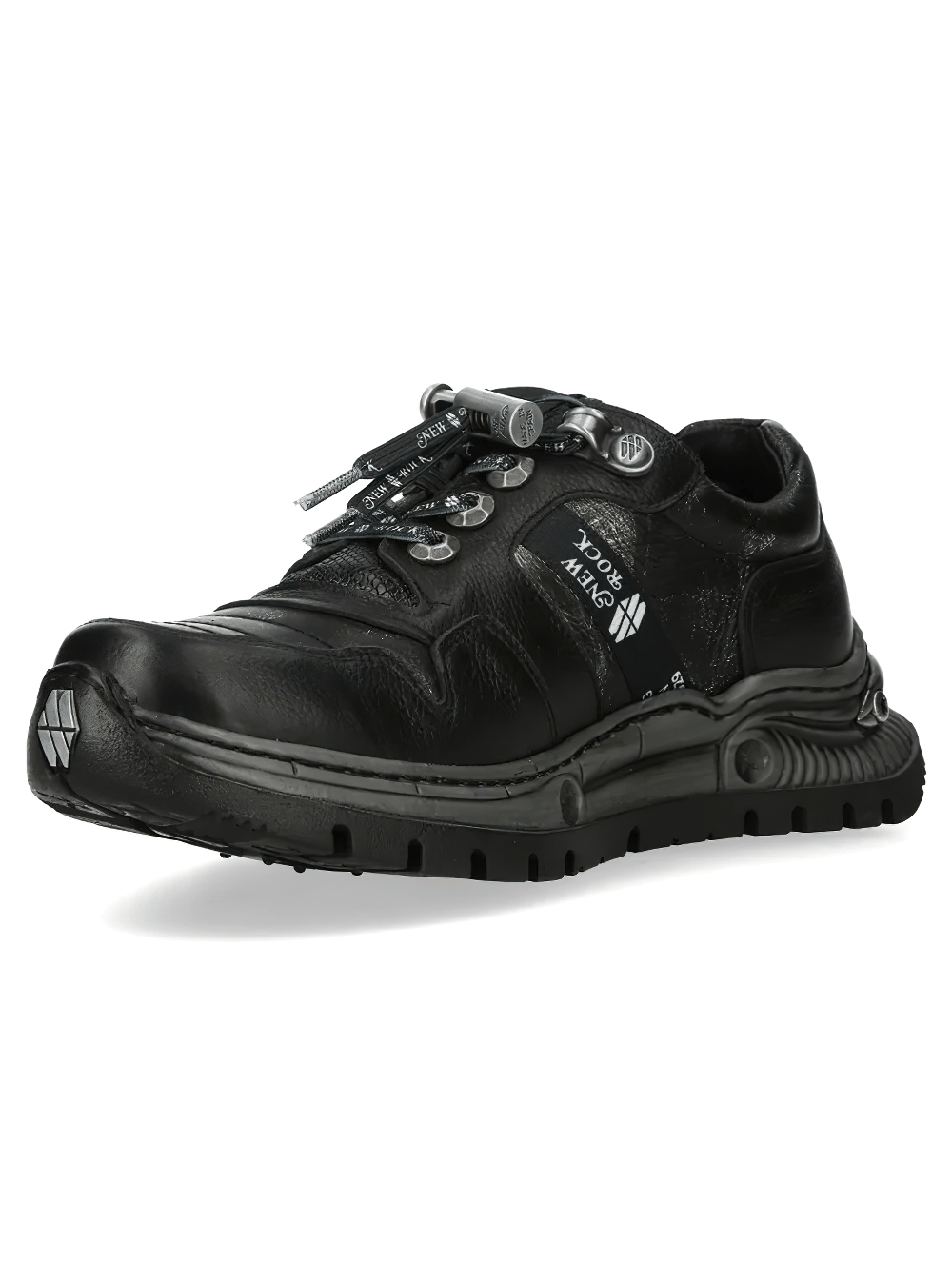 NEW ROCK Women's Rock Low-Top Chunky Tread Lace-Up Shoes in black with a rugged sole and industrial details.