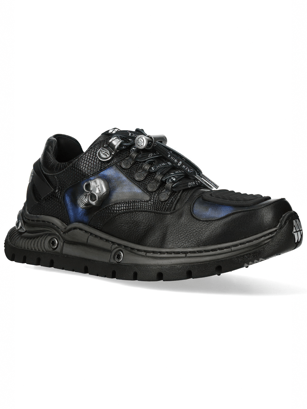 NEW ROCK Women's Rock Sneakers with Metallic Skull Details featuring black and blue design and sculpted mechanical sole.