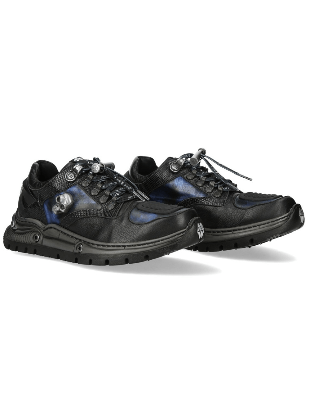 NEW ROCK Women's Rock Sneakers with Metallic Skull Details featuring black and blue design and sculpted mechanical soles.