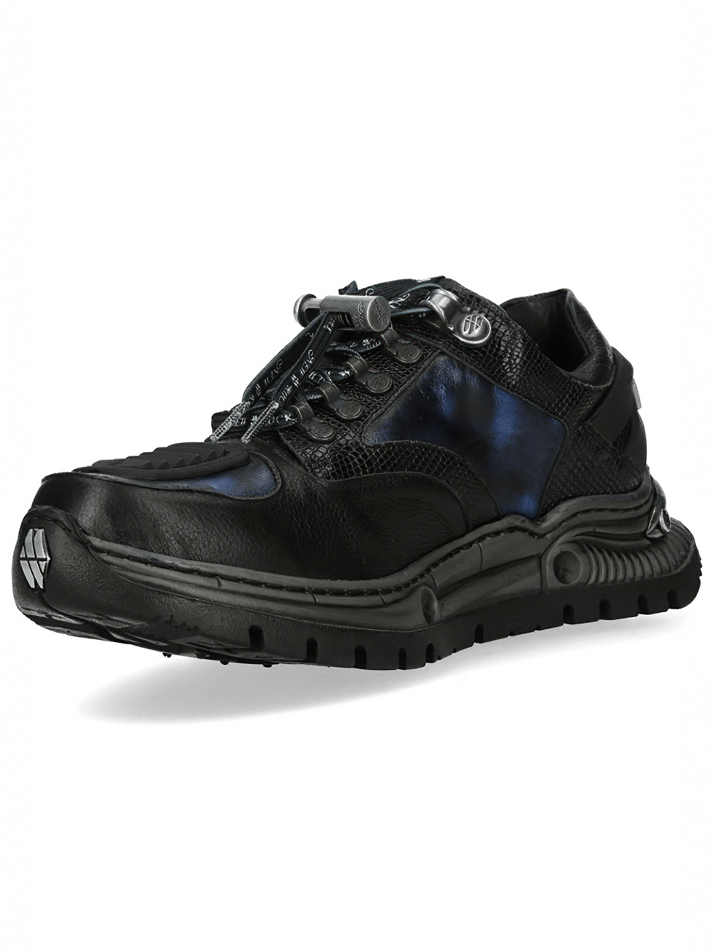 NEW ROCK Women's Rock Sneakers with Metallic Skull Details in black and blue with sculpted mechanical sole.