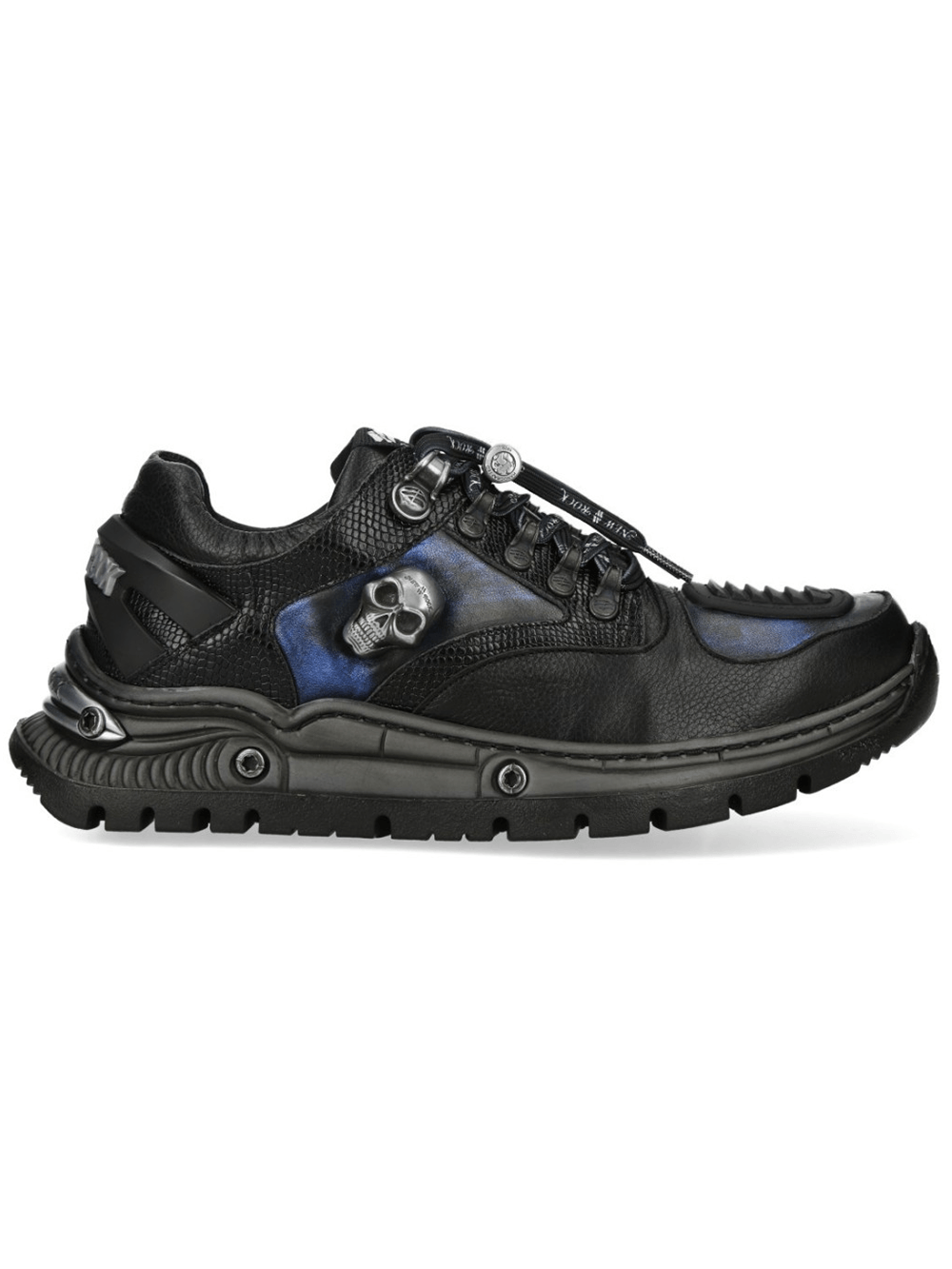 NEW ROCK Women's Rock Sneakers with Metallic Skull Details showcasing black and blue gothic design and sculpted mechanical sole.