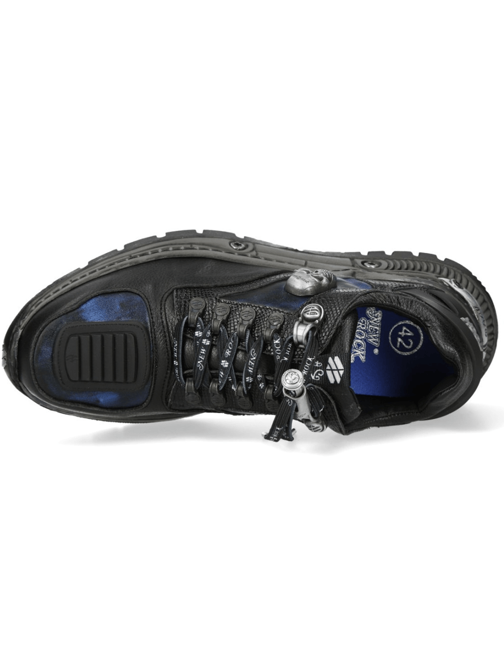 NEW ROCK Women's Rock Sneakers with Metallic Skull Details from a top view showcasing the lacing and design features.