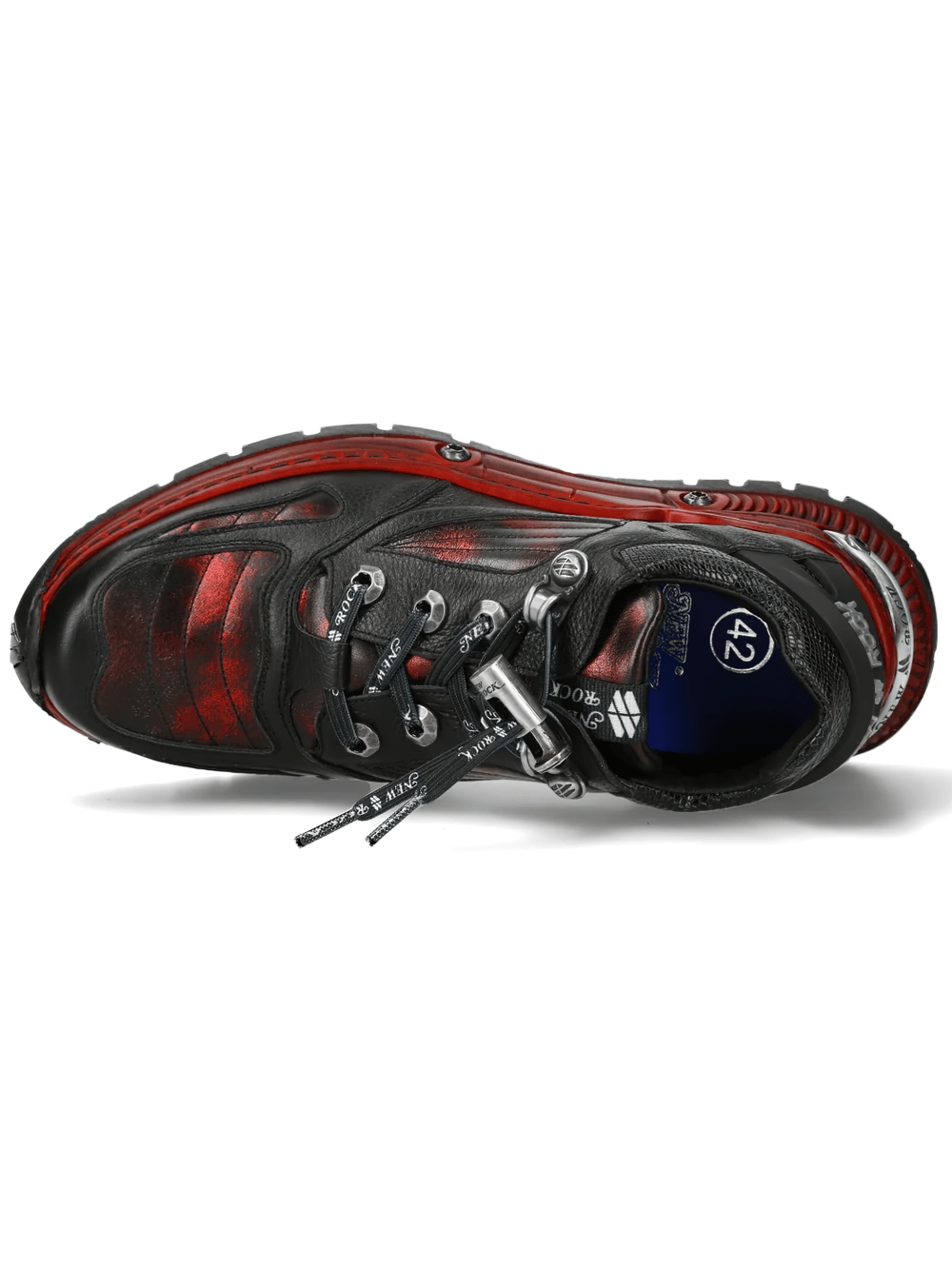 NEW ROCK Women's Shoes with Red Industrial Sole Accents showcasing black design and deep red accents.