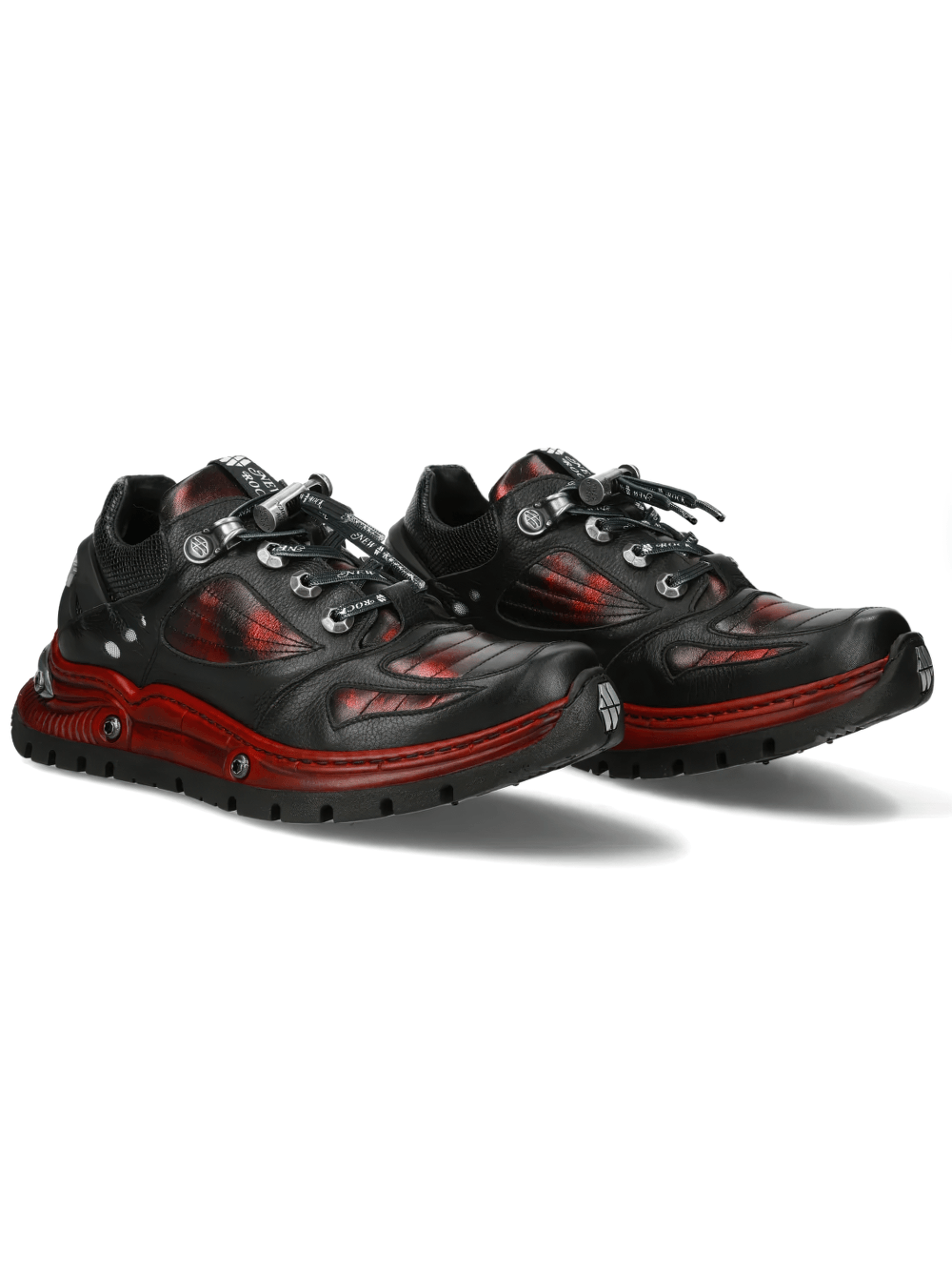 NEW ROCK Women's Shoes with Red Industrial Sole Accents featuring black and red design, mechanical lace hooks, and rugged profile.