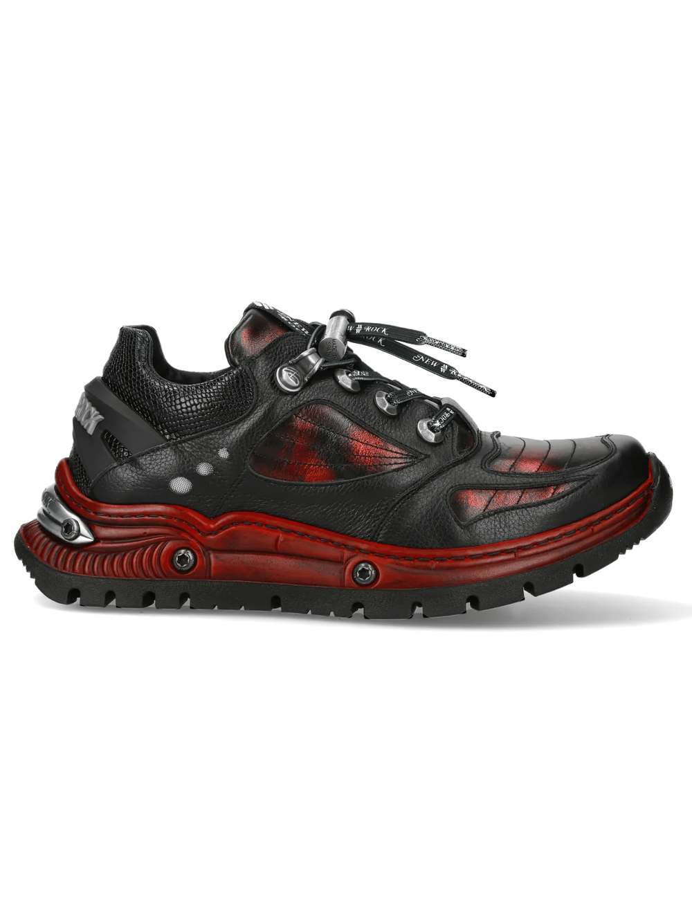 NEW ROCK Women's Shoes with Red Industrial Sole Accents featuring a black and red design and metallic lace hooks.