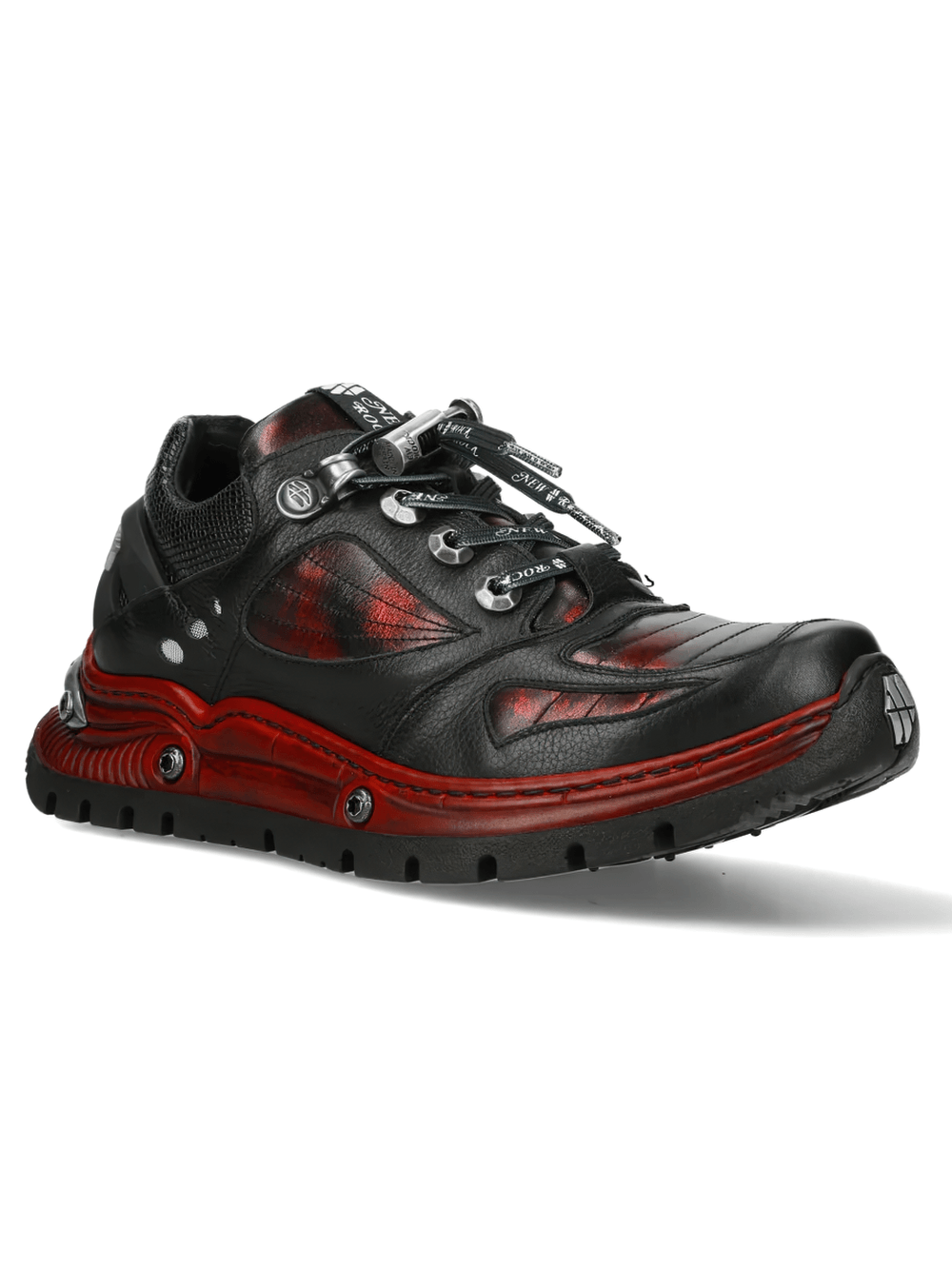 NEW ROCK Women's Shoes with Red Industrial Sole Accents featuring a rugged black and deep red design.